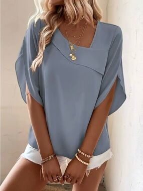 SHEIN Classic Slate Blue Women's Blouse - Lightweight Elegant Top